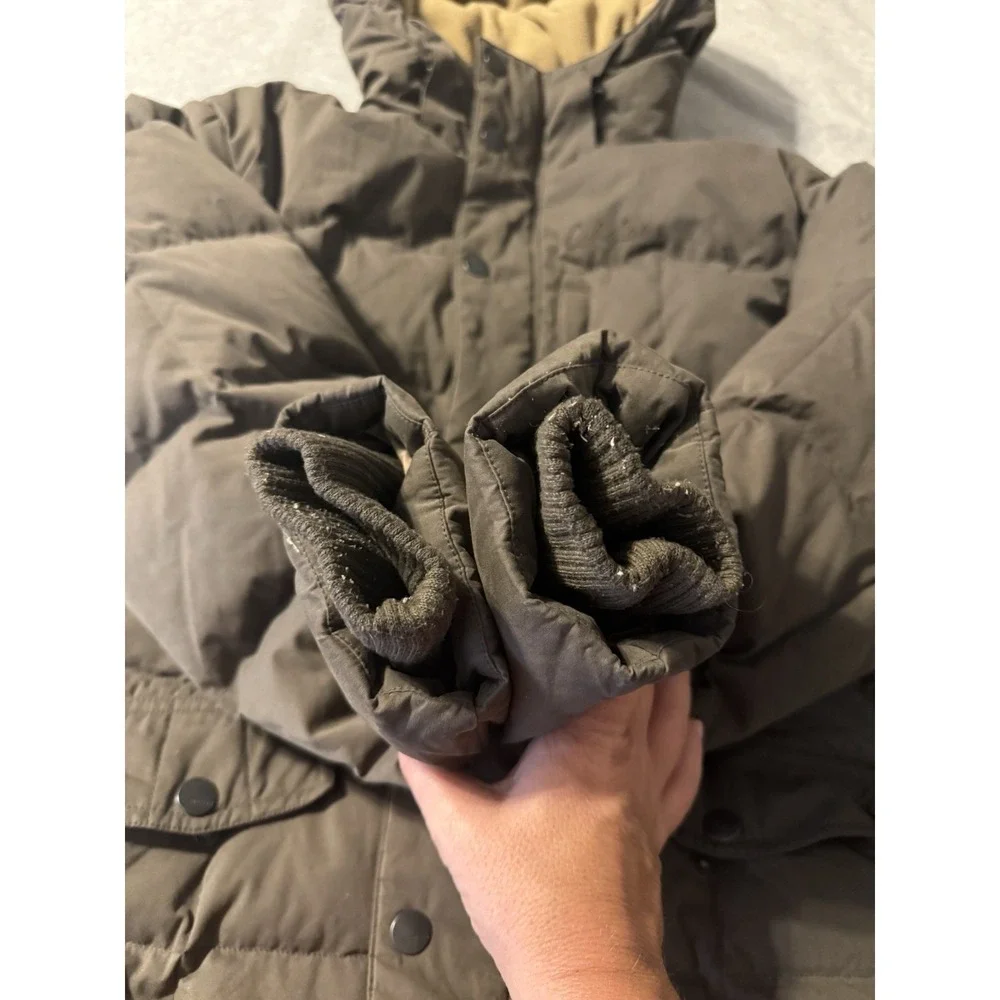 Cabela's Goose Down Quilted Puffer Parka Jacket Hooded Brown Fleece Lined Mens M